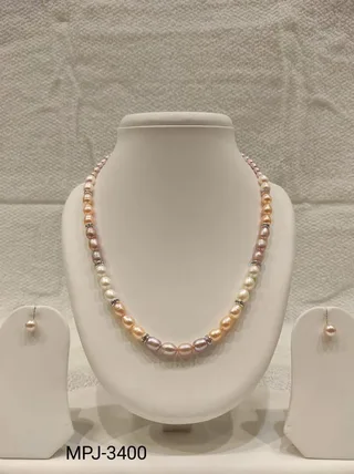 Pastel Oval Pearl Necklace Set with Metallic Spacers