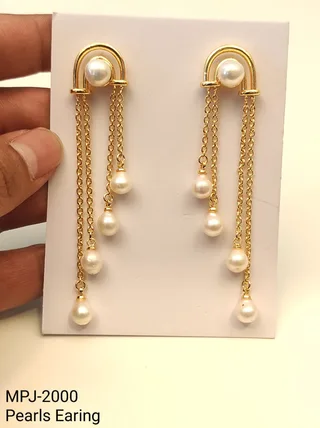 White Pearl Gold Arch Tassel Earrings