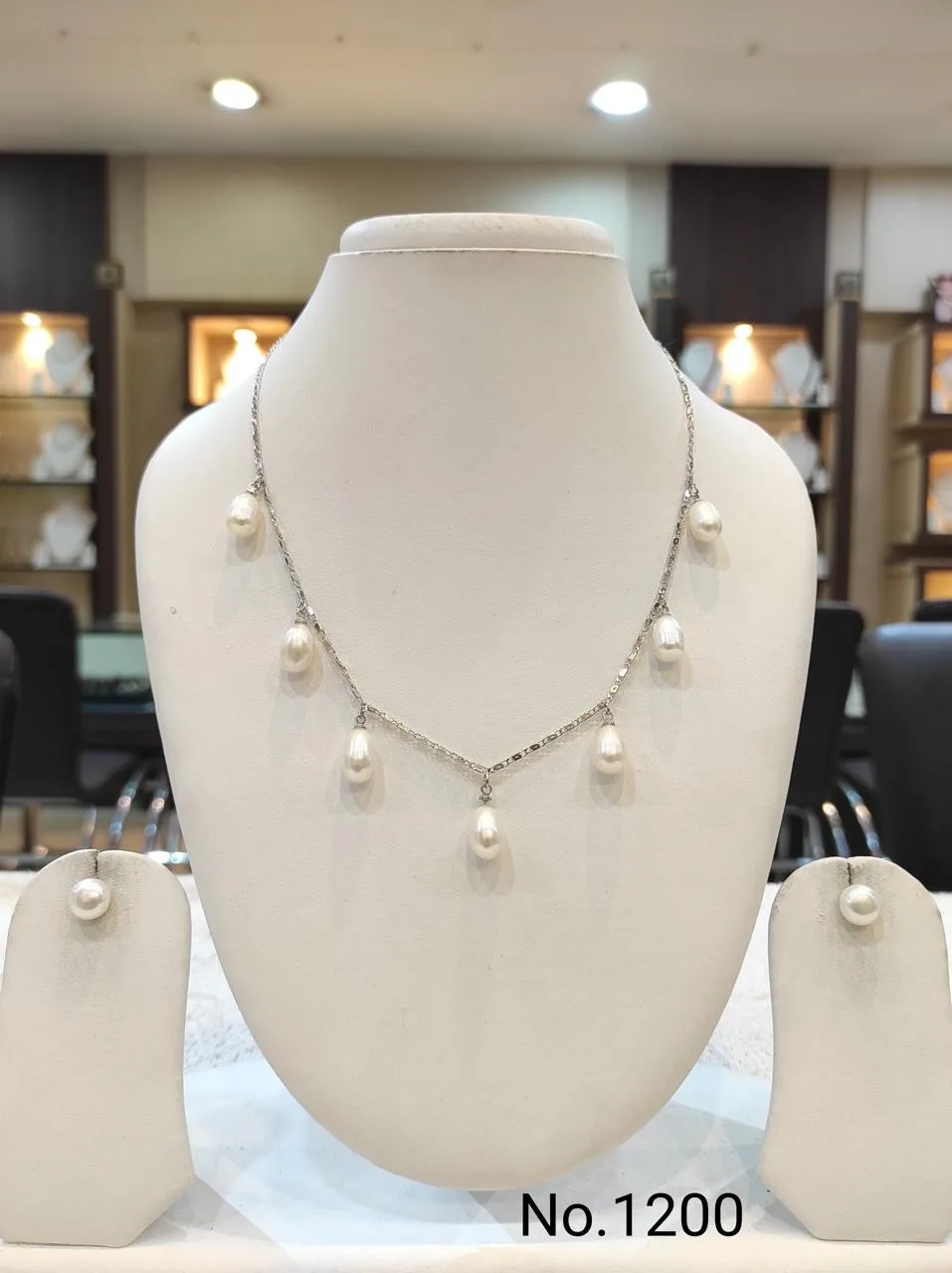 Silver & White — Freshwater Pearl drop necklace with earrings set — Silver & White
