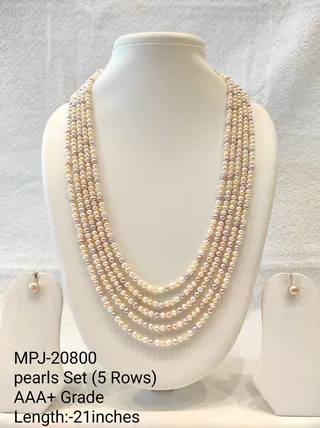 Multi-row pearl necklace with matching earrings