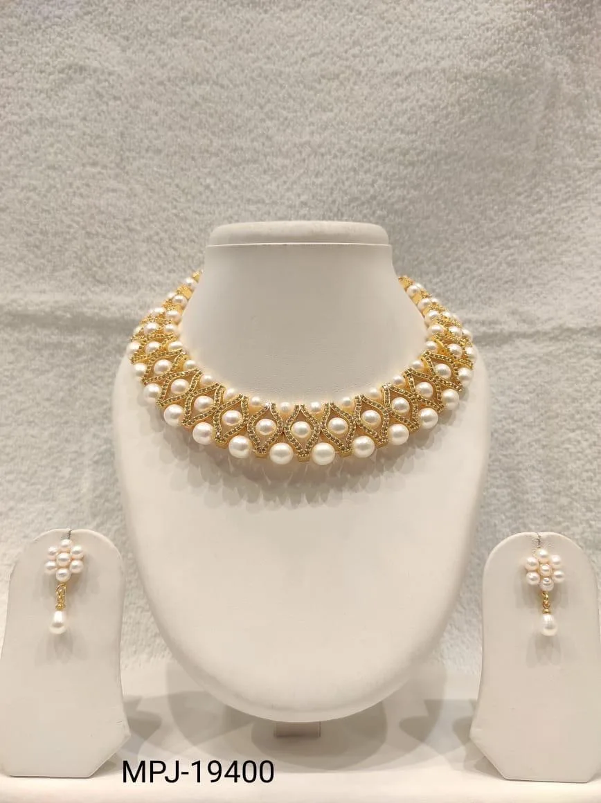 White & Gold — Freshwater Pearl and gold tone necklace with matching earrings — White & Gold