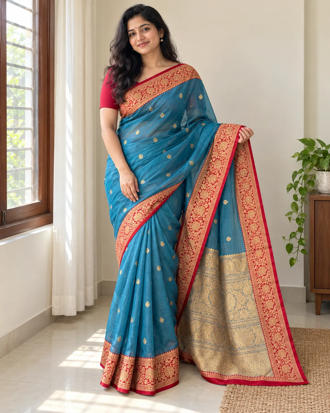 Handloom Tissue Silk Saree with Katan Border — Dusty Blue