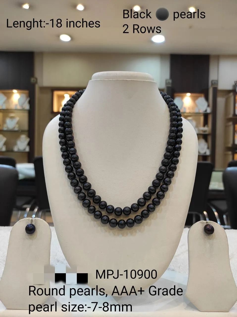 Two-row black round pearl necklace with matching earrings — Black