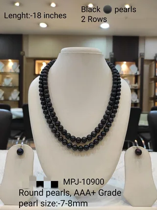 Two-row black round pearl necklace with matching earrings