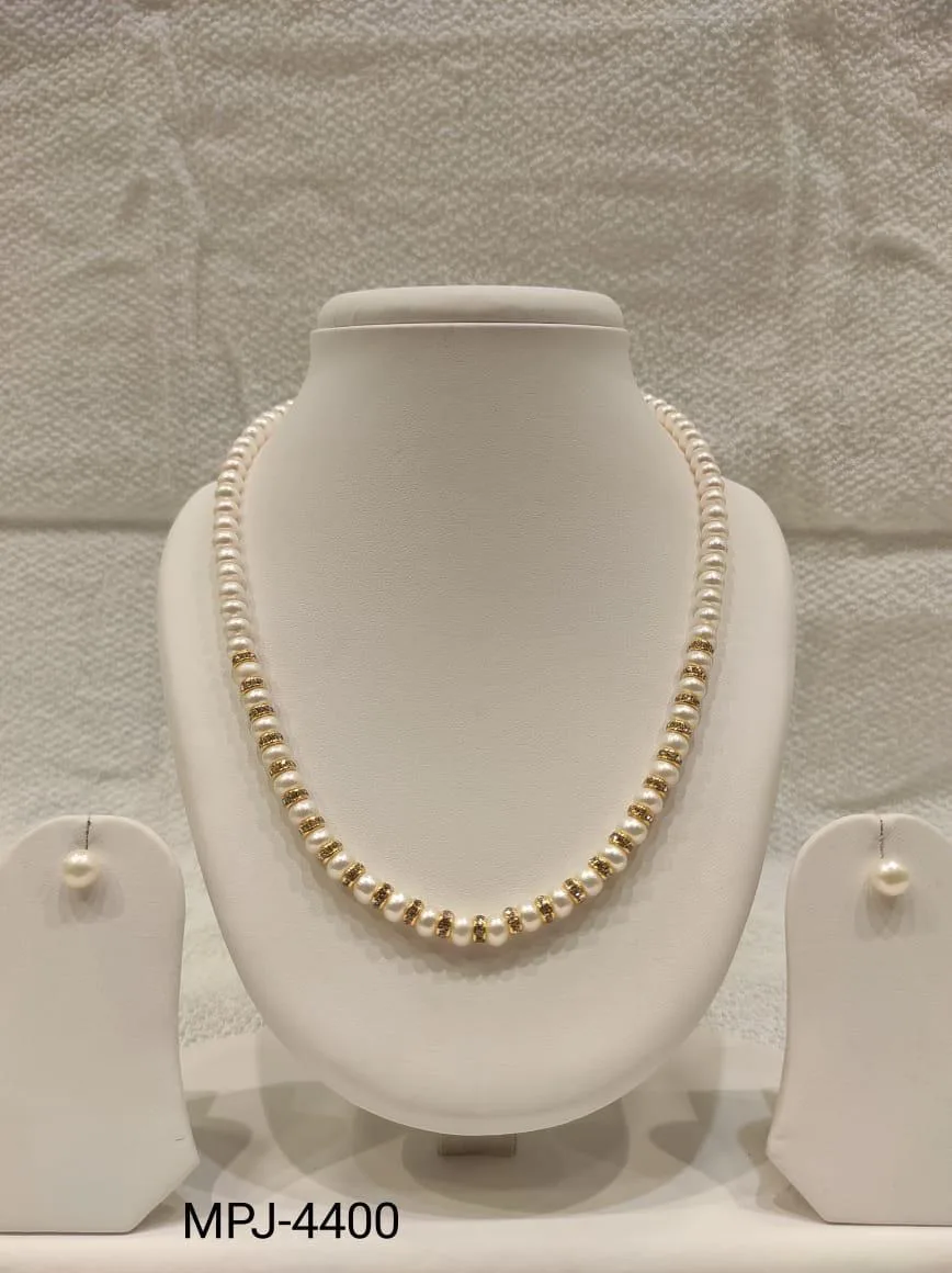 White Beaded Pearl Necklace Set with Gold Spacers — White & Cream