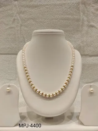 White Beaded Pearl Necklace Set with Gold Spacers