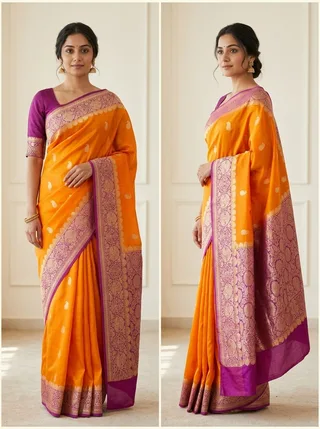 Orange Banarasi Kora Organza Saree with Blouse Piece
