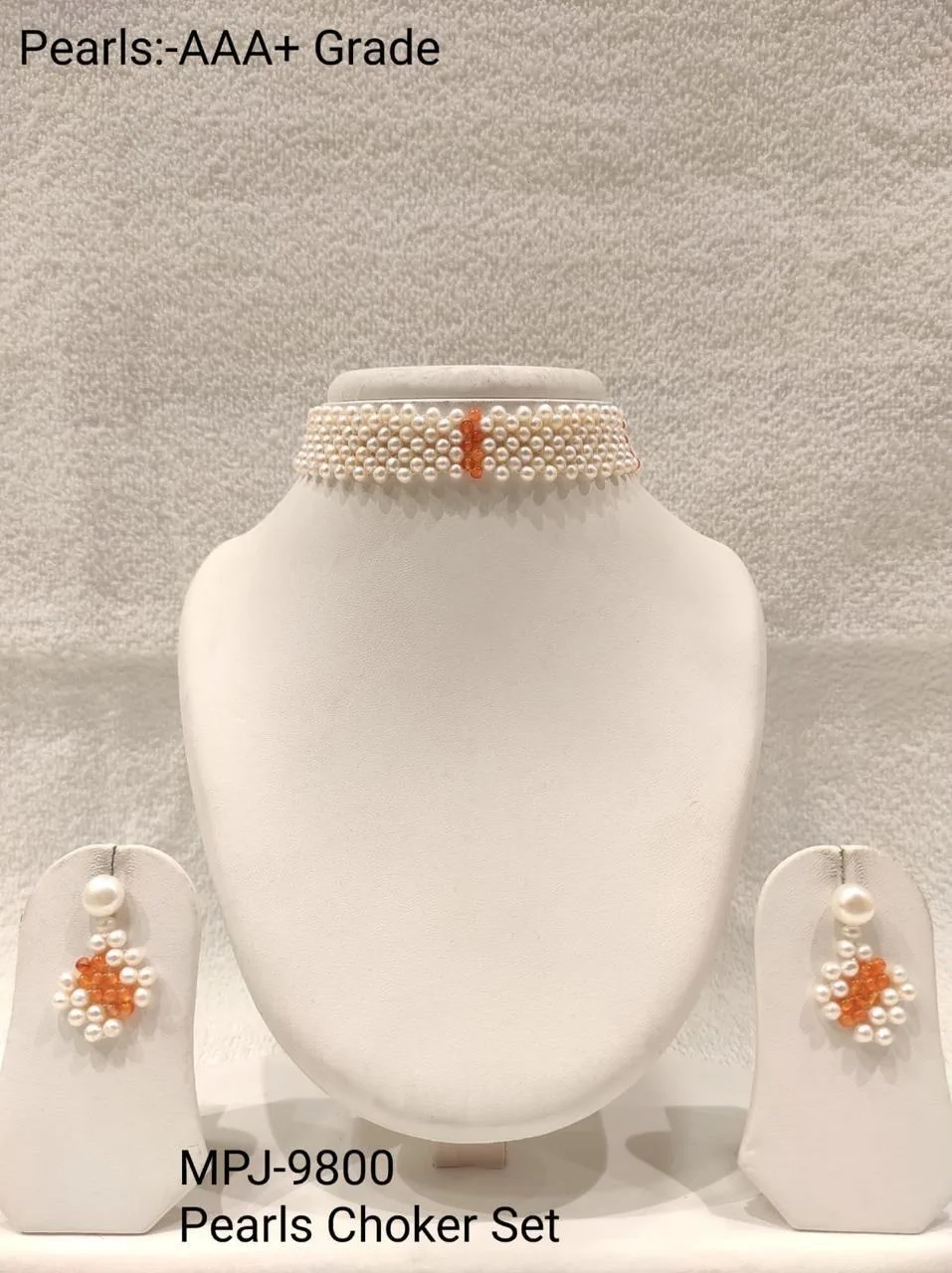 Orange Accent Pearl Choker Set — White & Orange