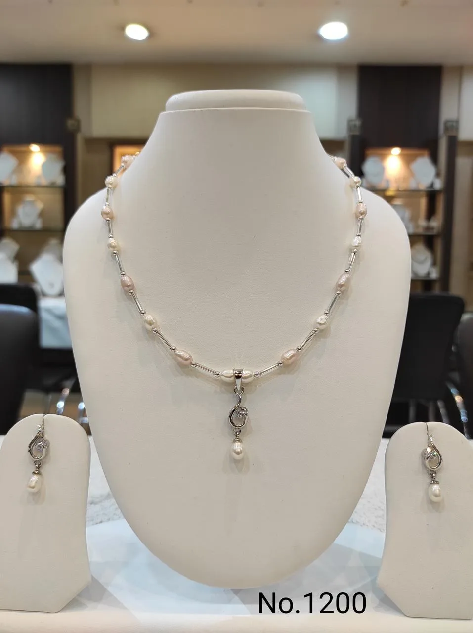 Pink & White & Silver — Freshwater Pearl Necklace with Pendant and Earrings — Pink & White & Silver