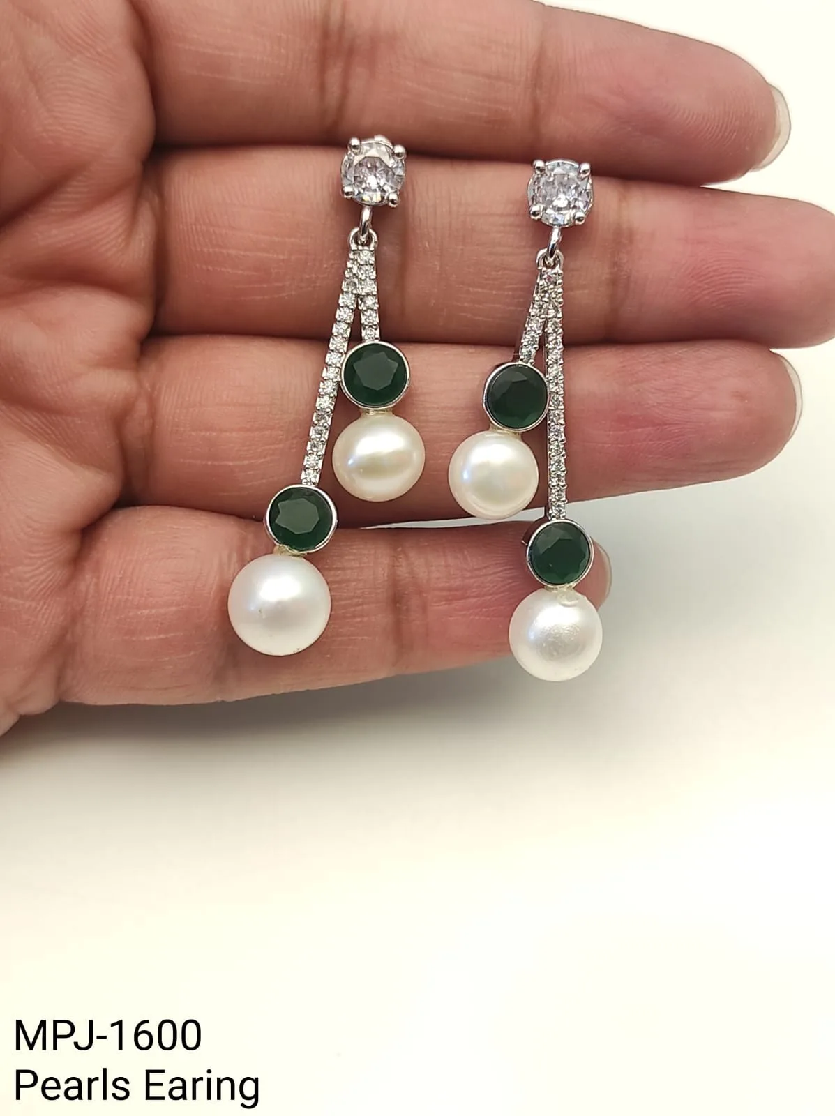 Green Accent Linear Pearl Drop Earrings — White & Green & Silver