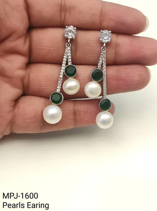 Green Accent Linear Pearl Drop Earrings